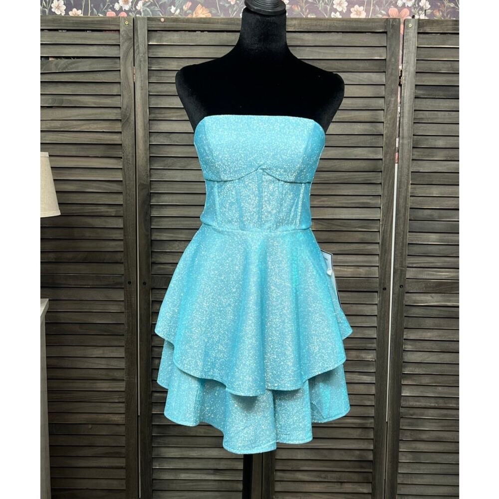 B Darlin Juniors 3/4 Turquoise Sparkle Strapless Homecoming Party Mini Dress NWT - Picture 5 of 12
